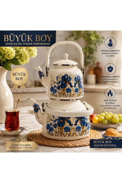 ALEV EMAYE Büyük Boy Emaye Çaydanlık – 1,5 L Üst + 3,5 L Alt Suluk – Kalabalı...