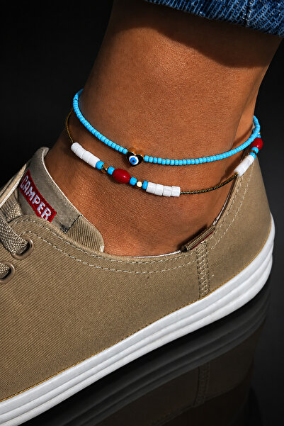 ByMerve Women's 2-Piece Anklet Set Turquoise White Red Beaded Evil Eye Detail...