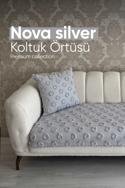 Çağ tekstil home Çağ Tekstil Nova Ponponlu Gümüş Renk Premium Pamuklu Koltuk ...