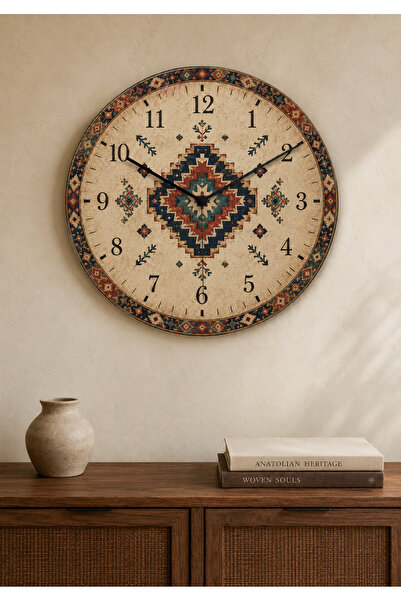 AA Shop Anadolu Motifli Baskılı Duvar Saati Etnik Kilim Desenli Sessiz Dekora...