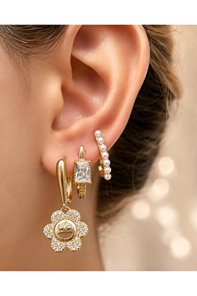 cityvision Gold Color Stone Detailed 3-Piece Steel Earring Set