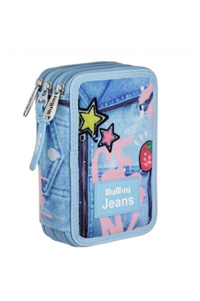 OEM Penar școlar echipat, MyWay Jeans, cu 3 compartimente, design denim albas...