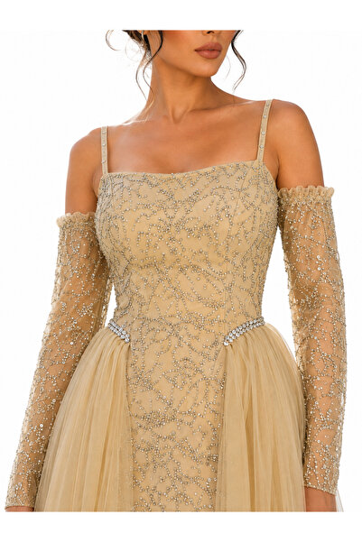 Lovely Dress Kadın Abiye Elbise Taş İşlemeli Tül Uzun Kollu Nişan Söz Düğün D...