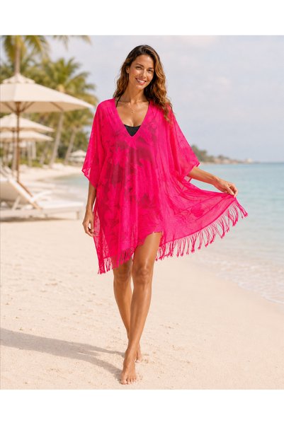 Qett Fringed Knitted Slit Beach Tunic Mesh Pareo