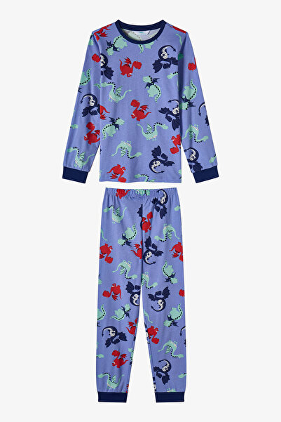 Penti Set pijamale din bumbac cu mâneci lungi, Lila Dragon Repeat, pentru băieți