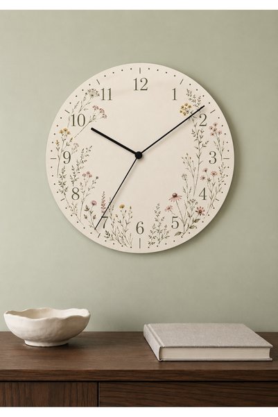 AA Shop Dekoratif Baskılı Ahşap Botanik Desenli Duvar Saati Sessiz Akar Mekanizmalı Modern Çiçek ve Yaprak 825