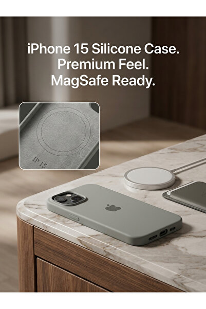 iPhone 15 Pro Max Uyumlu Gri Silikon Kılıf - MagSafe Uyumlu