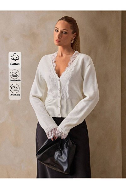 S.ÇLK Women's Bone Lace Detailed V-Neck Buttoned Knitwear Cardigan