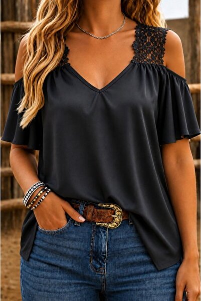 Veraura Lifestyle Women's Short Sleeve Strappy Lace Detailed Dubai Blouse