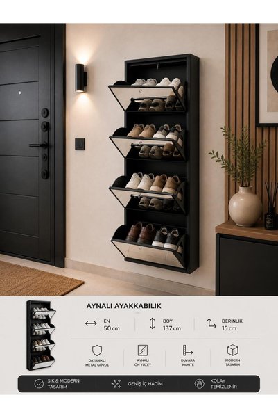 KARLI HOME 4 Kapaklı Aynalı /Antrasit Metal Ayakkabılık Şık Tasarım