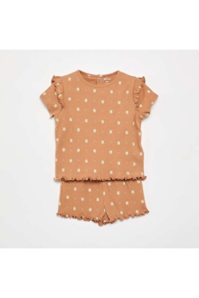 KIABI Pointelle Knit Pajama T-Shirt + Shorts - 2 Pieces Beige