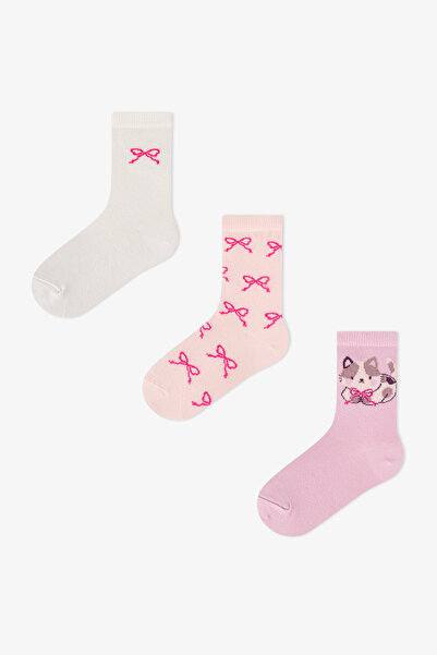 Penti Kız Çocuk Pembe Snailmail Cuties Fiyonk Desenli Pamuklu 3 Çift Soket Çorap