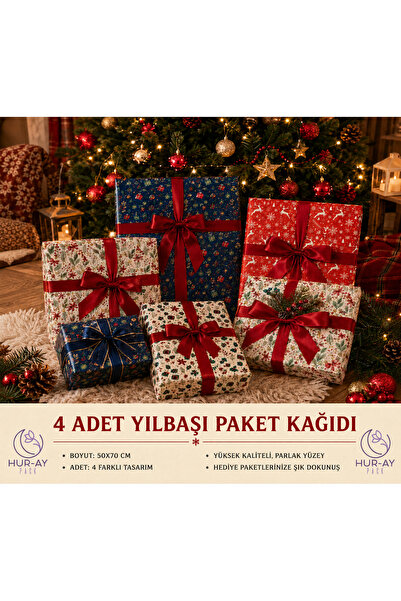 HUR-AY PACK Yılbaşı Hediye Paketi Kağıdı 4’lü Set 50x70 cm – Noel Temalı Chri...