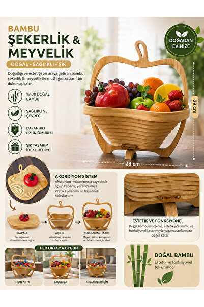 ELİTEVOOD Bambu Meyvelik Şekerlik – Katlanabilir Akordiyon Sunumluk 28×29 cm