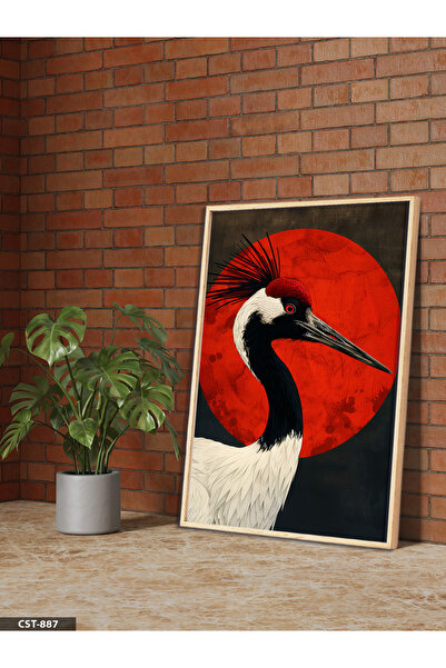 Evinemoda Red Sunny Japanese Crane One-Piece Wooden Framed Painting