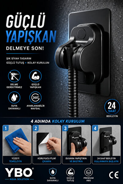 YBO Siyah Yapışkanlı Duş Başlığı Tutucu Delmeden Montaj Ayarlanabilir Duş Set...