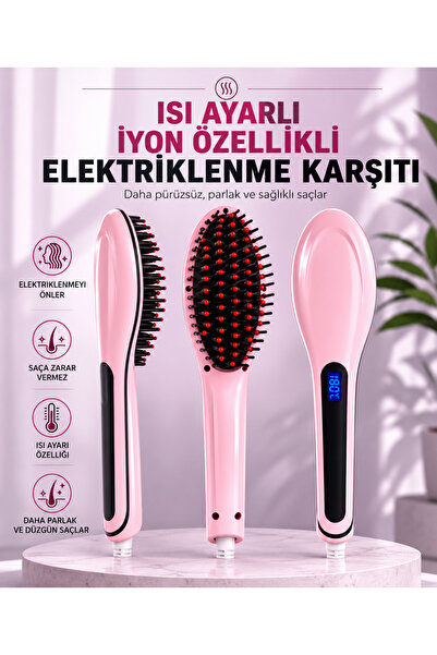 DefneAtes Isı Ayarlı Saç Düzleştirici Tarak – Elektrikli Fön Tarağı, Hızlı Is...