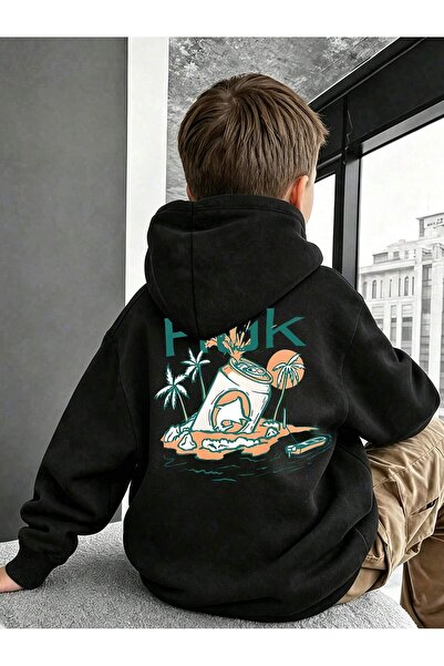 SVART WEAR Детски суичър с качулка с щампа Huk, от пениран памук, триконечен,...