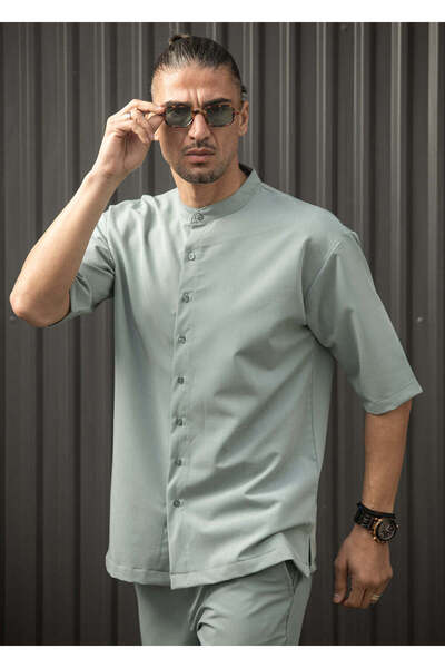 HENRY CLOTHING Ανδρικό κοντομάνικο πουκάμισο με γιακά μάο - Χρώμα μέντας 9-100