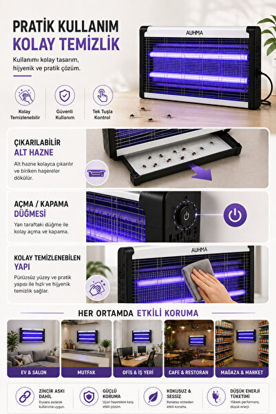 Merwish 20W Çift UV Tüplü Elektronik Sinek Kovucu AUHMA Elektrikli Izgaralı, Çıkarılabilir Hazneli, Zincir Askılı Duvara Asılabilir