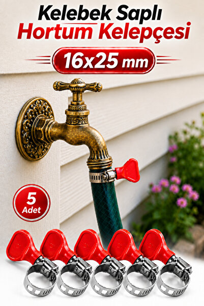 Badem10 [5 ADET] 16X25 Mm Kelebek Saplı Hortum Kelepçesi Vidalı Paslanmaz Çel...