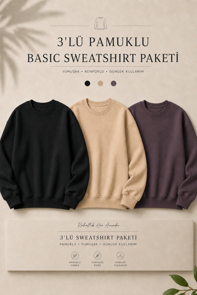 DAMGA JEANS 3 Pieces Men's 100% Cotton Regular Fit Basic Sweatshirt