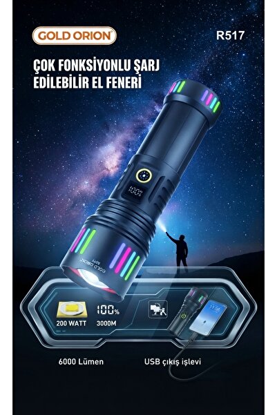 Goldorion Gold Orion R-517 200W 6000 Lümen Süper Güçlü Şarj Edilebilir El Feneri