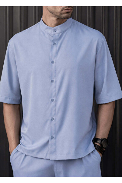 HENRY CLOTHING Ανδρικό κοντομάνικο πουκάμισο με γιακά μάο - Μπλε 9-144