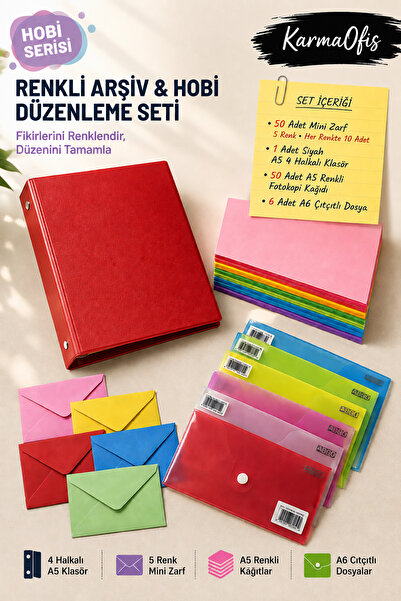 KarmaOfis Set de dosare A5 cu 4 inele, culoare roșie, cu 8 opțiuni de culori ...