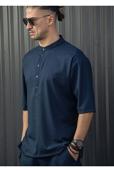 HENRY CLOTHING Ανδρικό κοντομάνικο πουκάμισο μάο σκούρο μπλε 9-140-μπλε