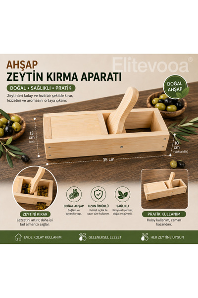 ELİTEVOOD Ahşap Zeytin Kırma Aparatı | Doğal Ahşap Zeytin Kıracağı 35×13×10 cm