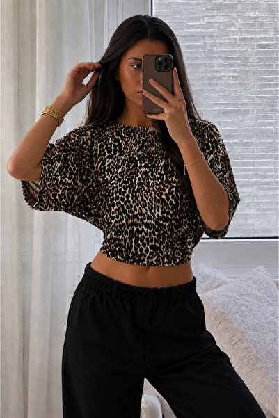 COMBİNE MİCHAİL Bluză leopard cu mâneci largi, mulată pe corp, pentru femei