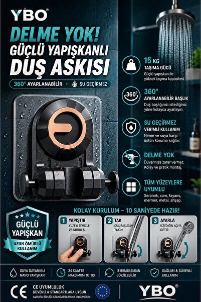 YBO Delmeden Yapışkanlı Duş Başlığı Tutucu Ayarlanabilir Duş Seti Askısı Güçl...