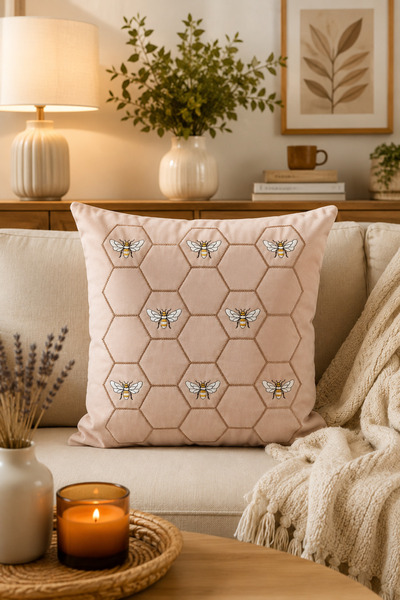 Pilloveland Premium Nakışlı Kırlent Kılıfı - 43*43 Cm - Bej Bal Peteği - PNK001