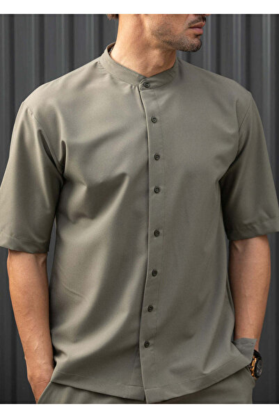 HENRY CLOTHING Ανδρικό κοντομάνικο πουκάμισο με γιακά Μάο - χακί 9-100