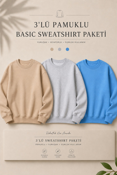 DAMGA JEANS 3 Pieces Men's 100% Cotton Regular Fit Basic Sweatshirt