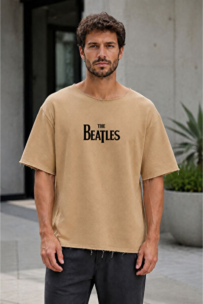 cesita Tricou bej sezonier cu imprimeu The Beatles, supradimensionat, cu 2 șn...