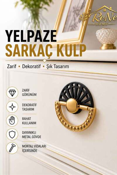 ReNe HOME Lüks Yelpaze Sarkaç Mobilya Kulpu Siyah Altın Dolap Çekmece Şifonye...