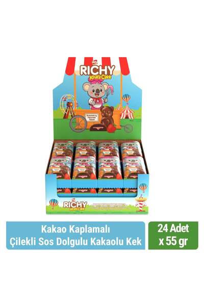 Bifa Richy Kaplamalı Çilekli Sos Dolgulu Kakaolu Kek 55 gr x 24 Adet
