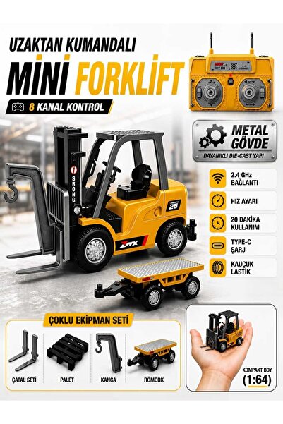 TOYSTURKA Uzaktan Kumandalı Şarjlı Mini Forklift 1:64 Die-Cast Metal - Römork...