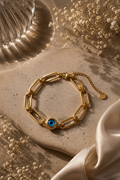 Sylvera Shop Nazar Boncuklu Ataş Chain Steel Bracelet (Gold Color)
