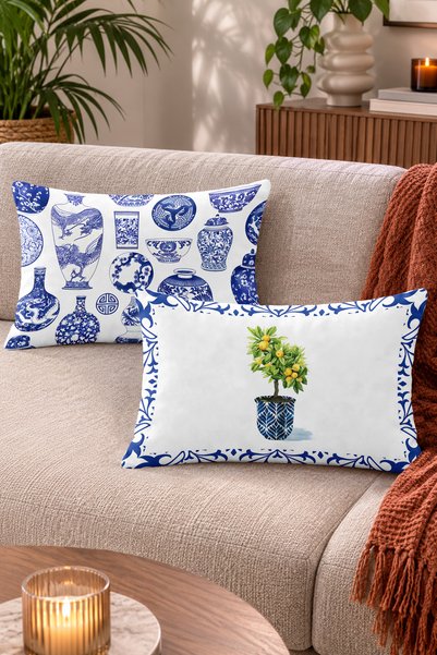 Home Mavi Beyaz Çini Vazo ve Saksıda Limon Ağacı Desenli Kırlent Kılıfı - 2'l...