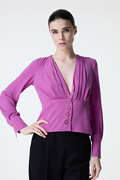 adL Fuşya Drape Detaylı Önü Düğmeli Bluz