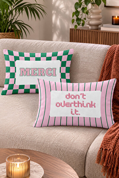 Home Merci ve Don’t Overthink It Yazılı Dama ve Çizgili Desenli Kırlent Kılıf...