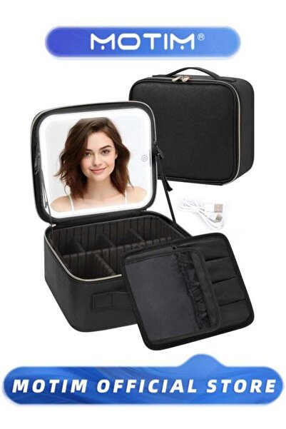 MOTIM Makeup Bag with Mirror and Light,Leather Cosmetic Train Cases with Adju...