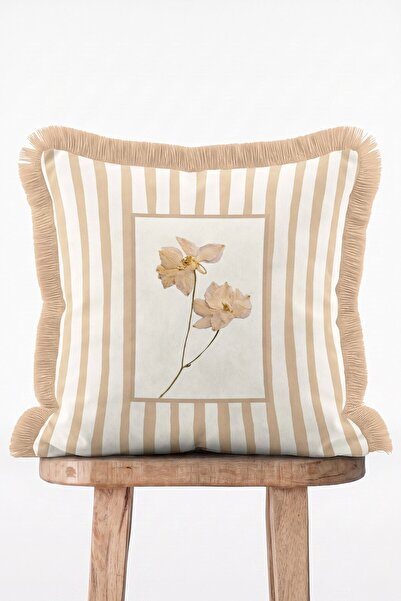 IdeCraft Beige Striped Dried Elegant Floral Patterned Decorative Fringed Thro...