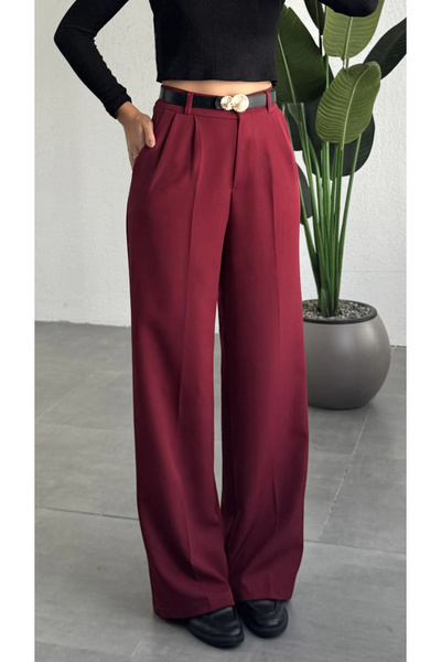 asfamoda Women's Burgundy High Waist Double Pleated Palazzo Fabric Pants Flow...