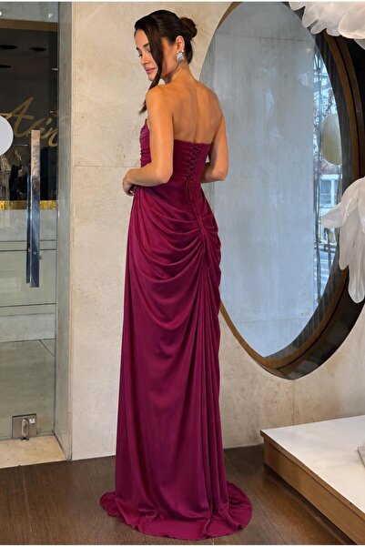 SpringStore Mürdüm Straplez Yırtmaç Detaylı Şifon Abiye