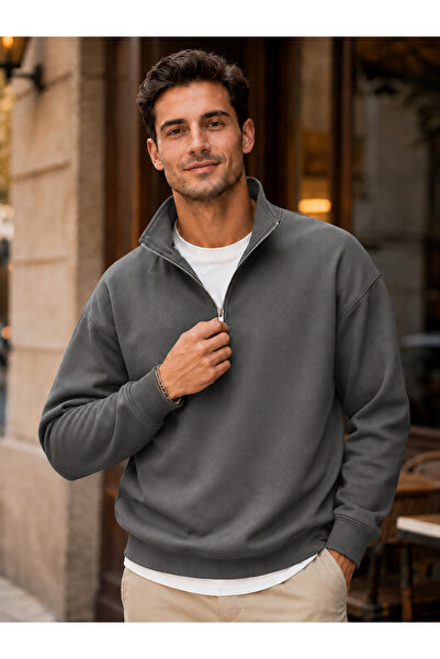 FAVORİST Men's Compact Combed Cotton Stand Collar Hooded Sweatshirt