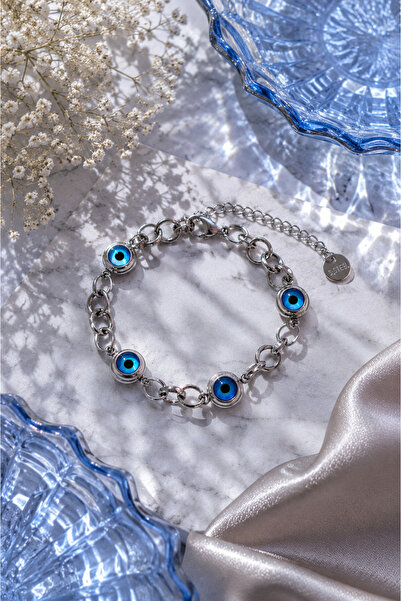 Sylvera Shop Evil Eye Beaded Ring Chain Steel Bracelet (Silver Color)